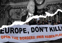Bildcollage: oben Robert Schuman während einer Rede, unten: Eine Demonstration gegen die aktuelle europäische Flüchtlingspolitik
